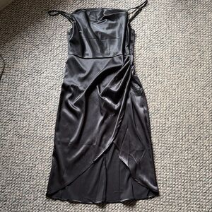 Black Satin Slip Dress with Draped Overlay
